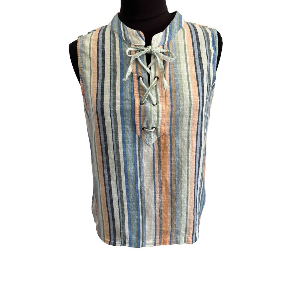 Dash Blue Striped 100% Cotton Sleeveless Top, Size Medium